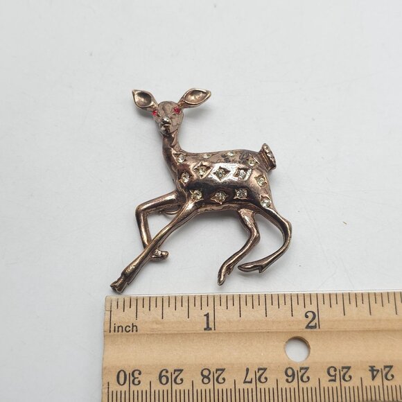 Vintage Copper Fawn Deer Brooch With Rhinestones Red Eyes LOOK AT ALL PICS - Picture 5 of 6